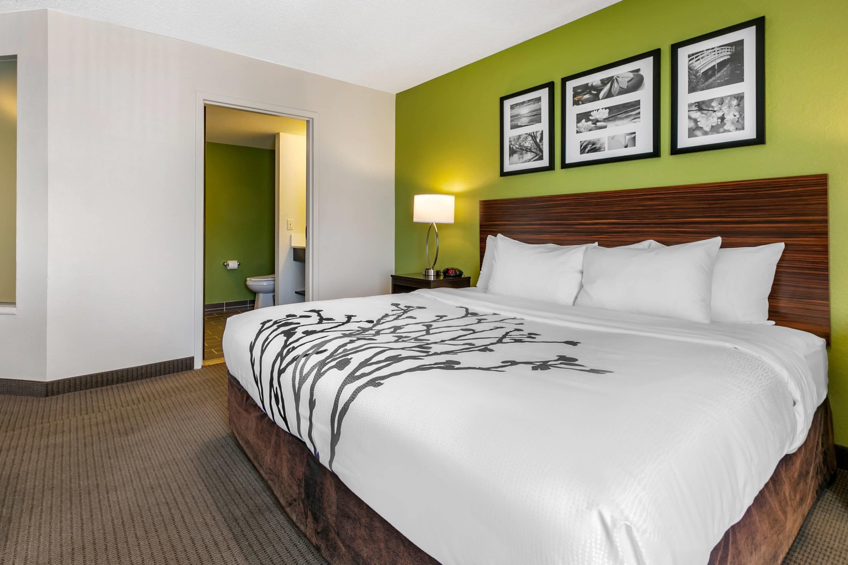 Ein Hotelzimmer mit einem großen Bett, einem hölzernen Kopfteil, einer grünen Wand und drei gerahmten Bildern.