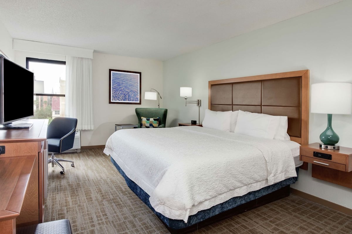 A hotel room with a large bed, a desk with a television, a chair, a nightstand with a lamp, and a framed picture on the wall.