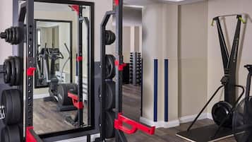A gym with a squat rack, weight plates, a treadmill, and a mirror.