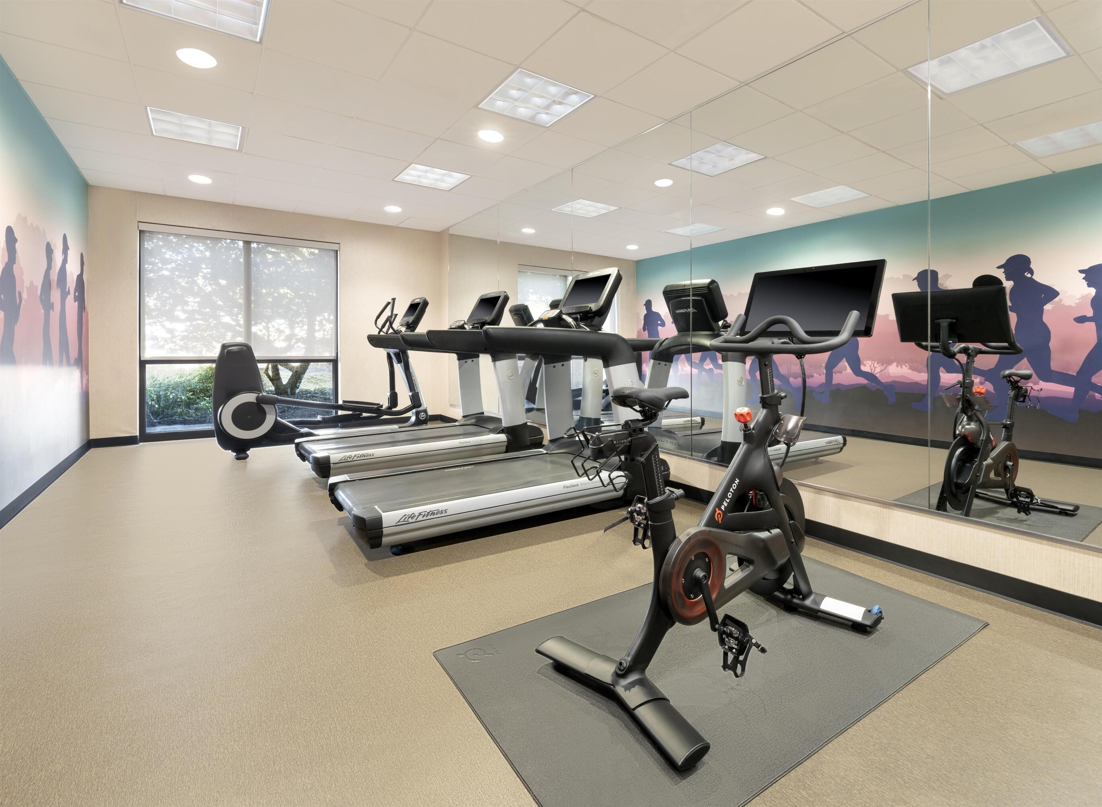 A gym with treadmills, stationary bikes, and a mirrored wall.