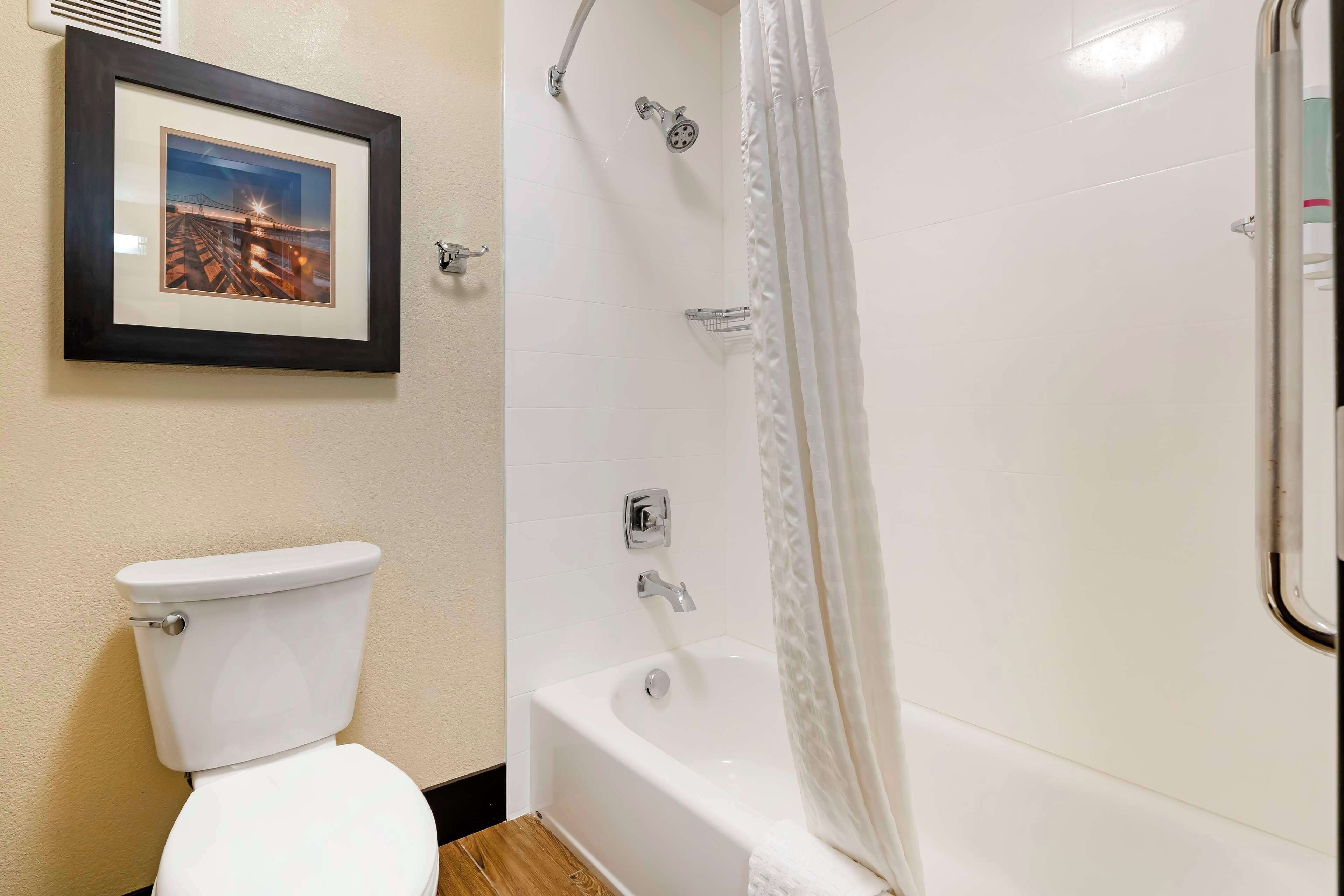 combined shower/bathtub, free toiletries, hair dryer, towels