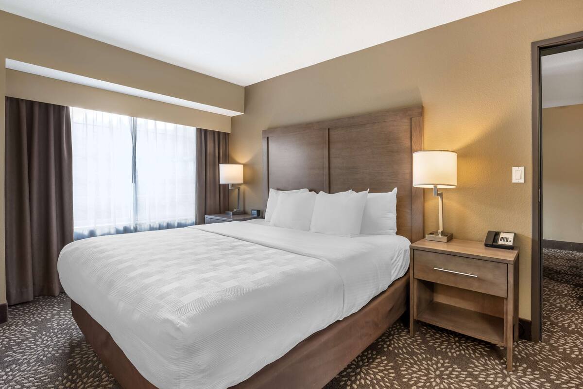 Ein Hotelzimmer mit einem großen Bett, zwei Nachttischen mit Lampen, einem Spiegel und einem gemusterten Teppich.