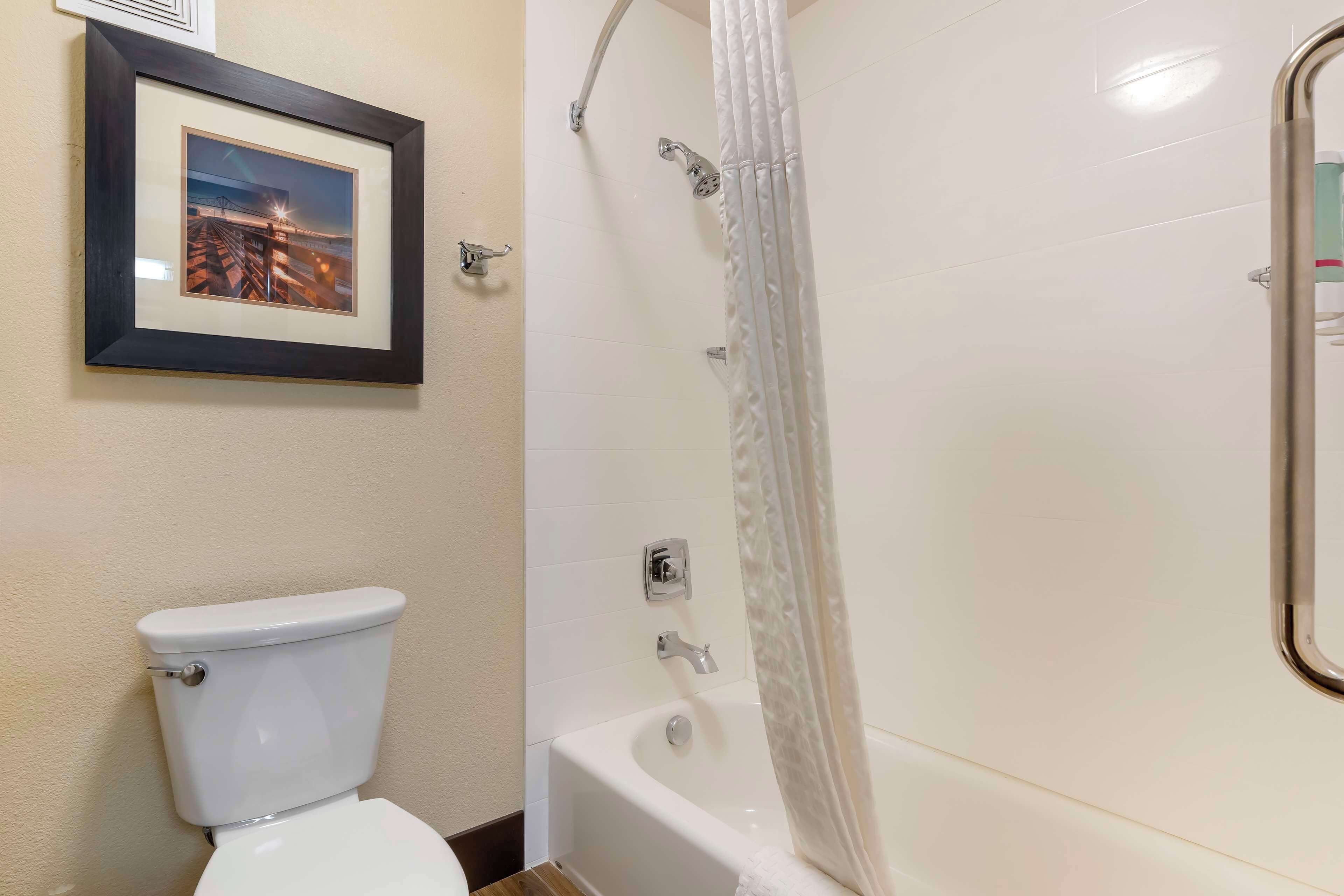 A bathroom with a toilet, a framed picture on the wall, a bathtub, and a shower curtain.