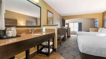 Premium bedding, pillowtop beds, desk, laptop workspace