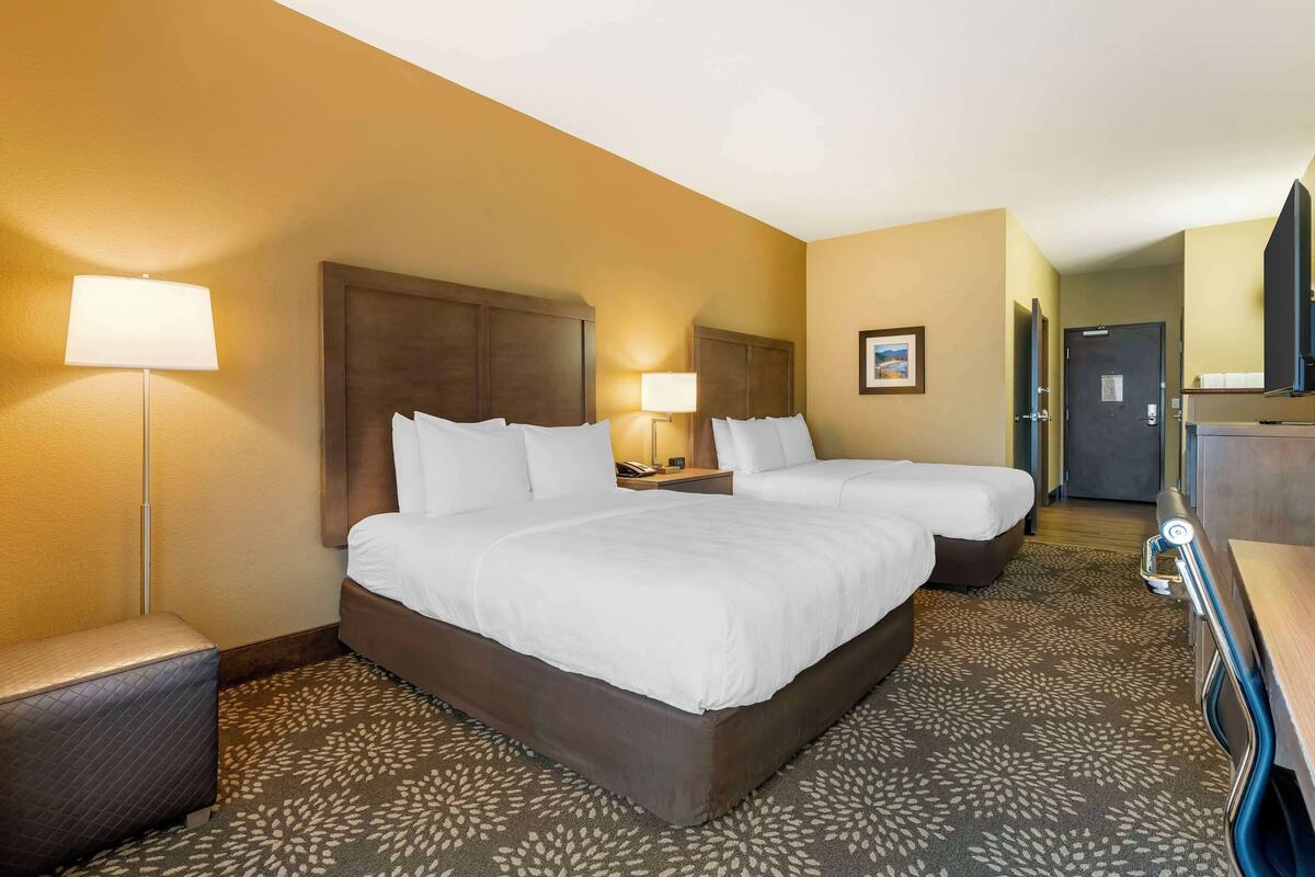 Ein Hotelzimmer mit zwei Betten, einem Schreibtisch, einer Lampe und einem gemusterten Teppich.