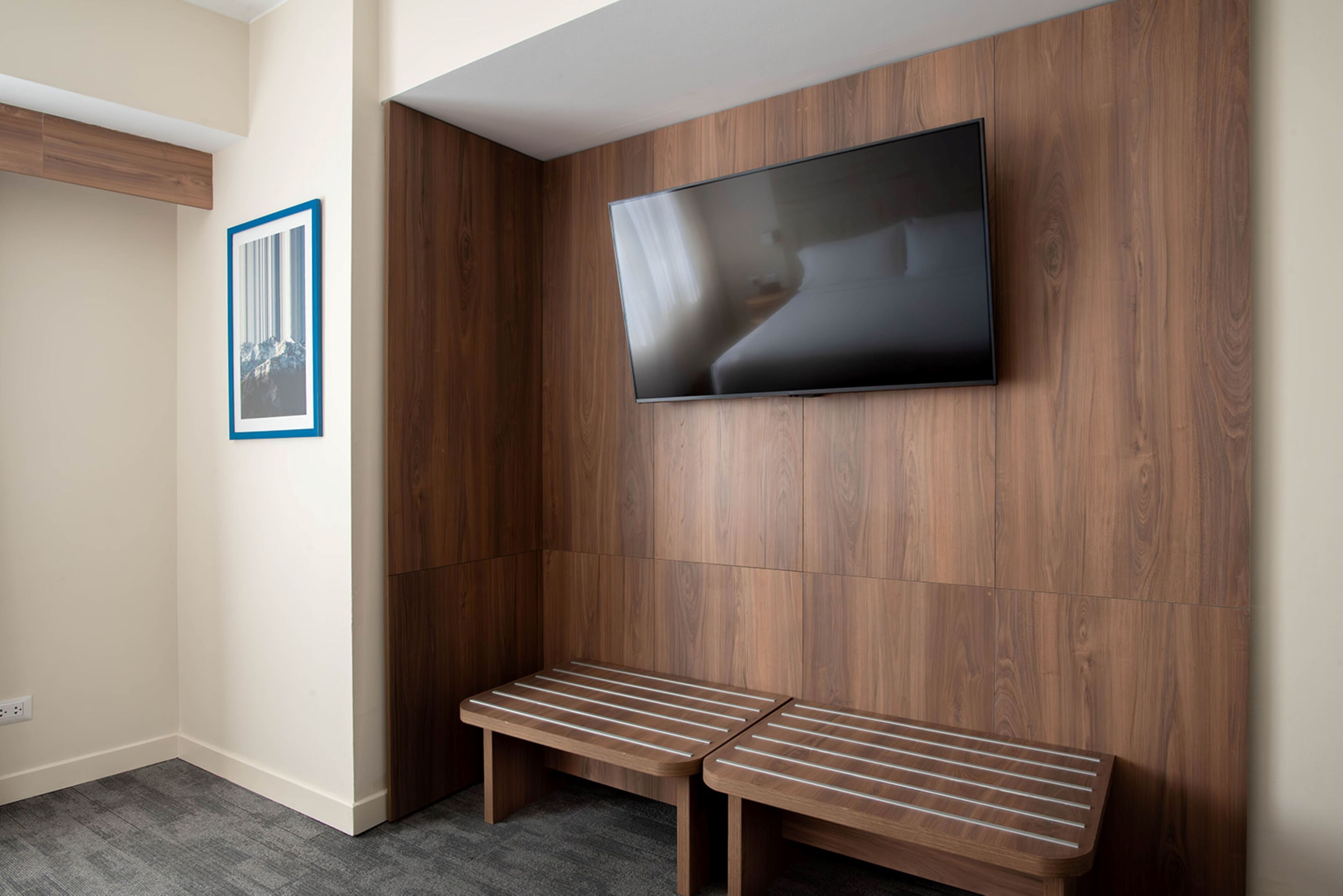 A modern room with a flat-screen TV mounted on a wooden wall, a framed picture, and two wooden benches.