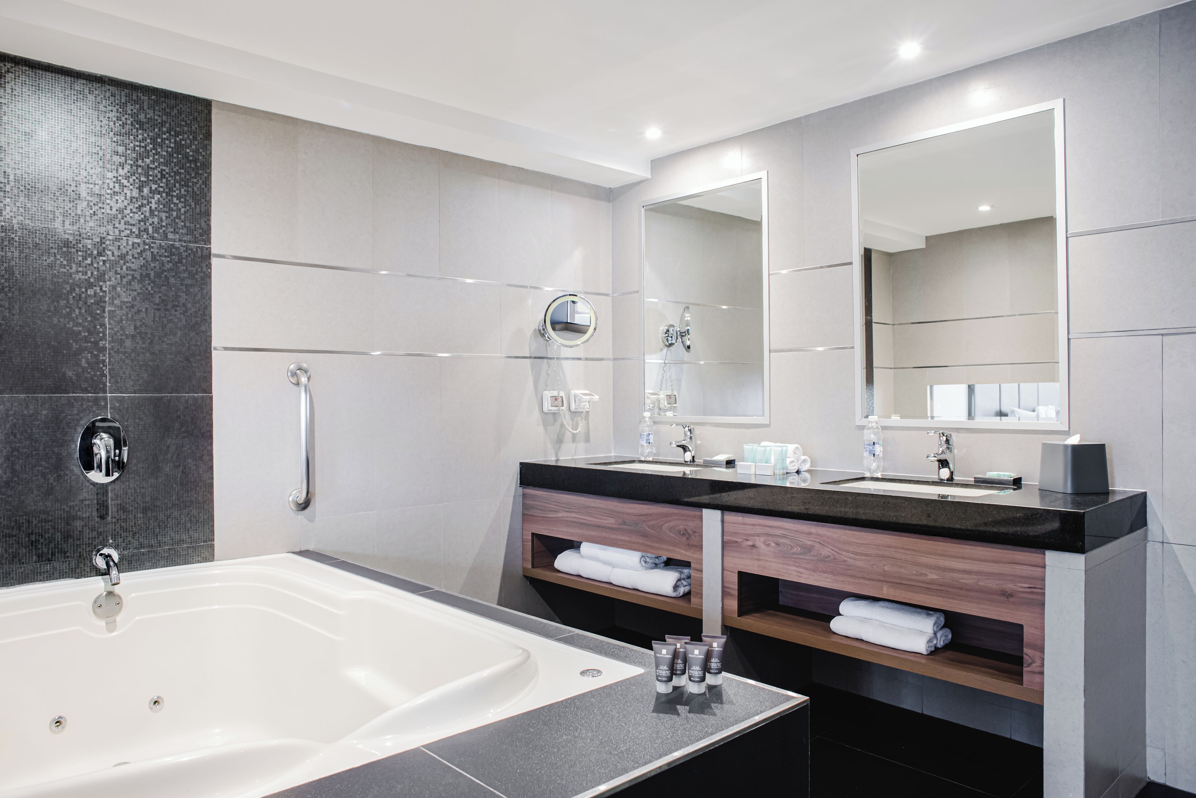 Premium Room, 1 King Bed, Jetted Tub, City View | Bathroom | Free toiletries, hair dryer, bathrobes, towels