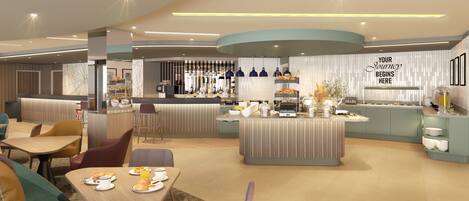 A modern hotel lobby with a central bar area, seating arrangements, and a buffet setup.