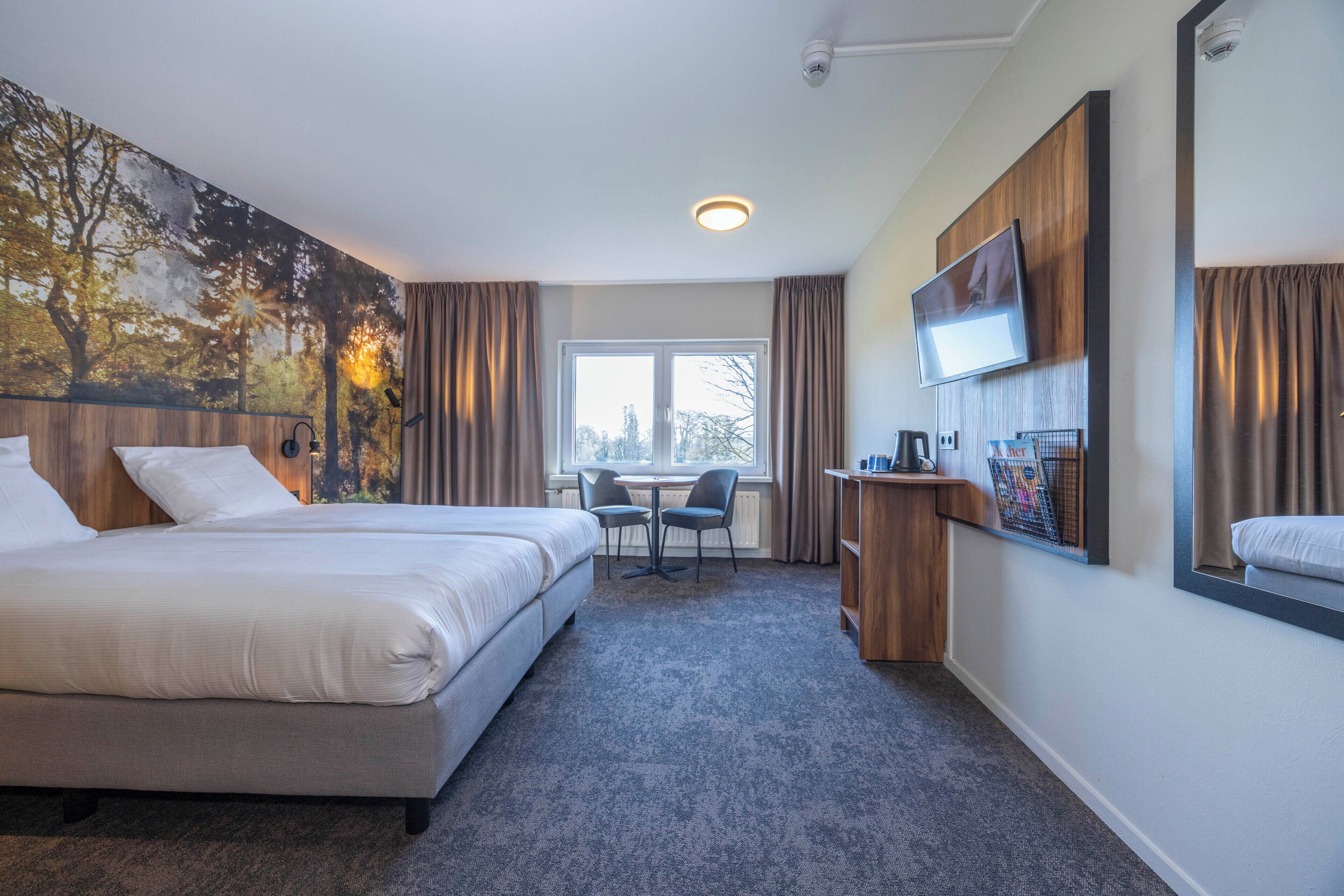 A hotel room with a bed, a desk, a chair, a TV, and a window with curtains.