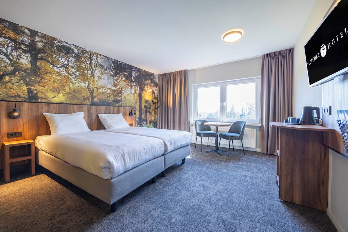 Une chambre d’hôtel avec un lit, un bureau, une chaise, une télévision et une fenêtre.