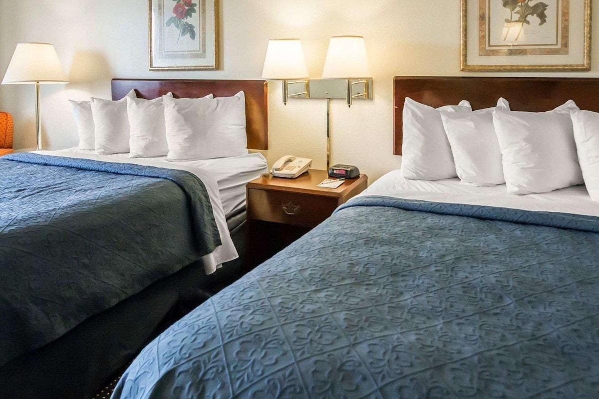 Habitación de hotel con dos camas, cada una con ropa blanca y una colcha estampada azul. Hay dos mesitas de noche con lámparas, un teléfono y un reloj pequeño. Las paredes están decoradas con cuadros de motivos florales.
