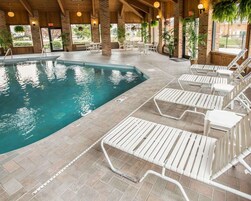 Una piscina techada, sillones reclinables de piscina