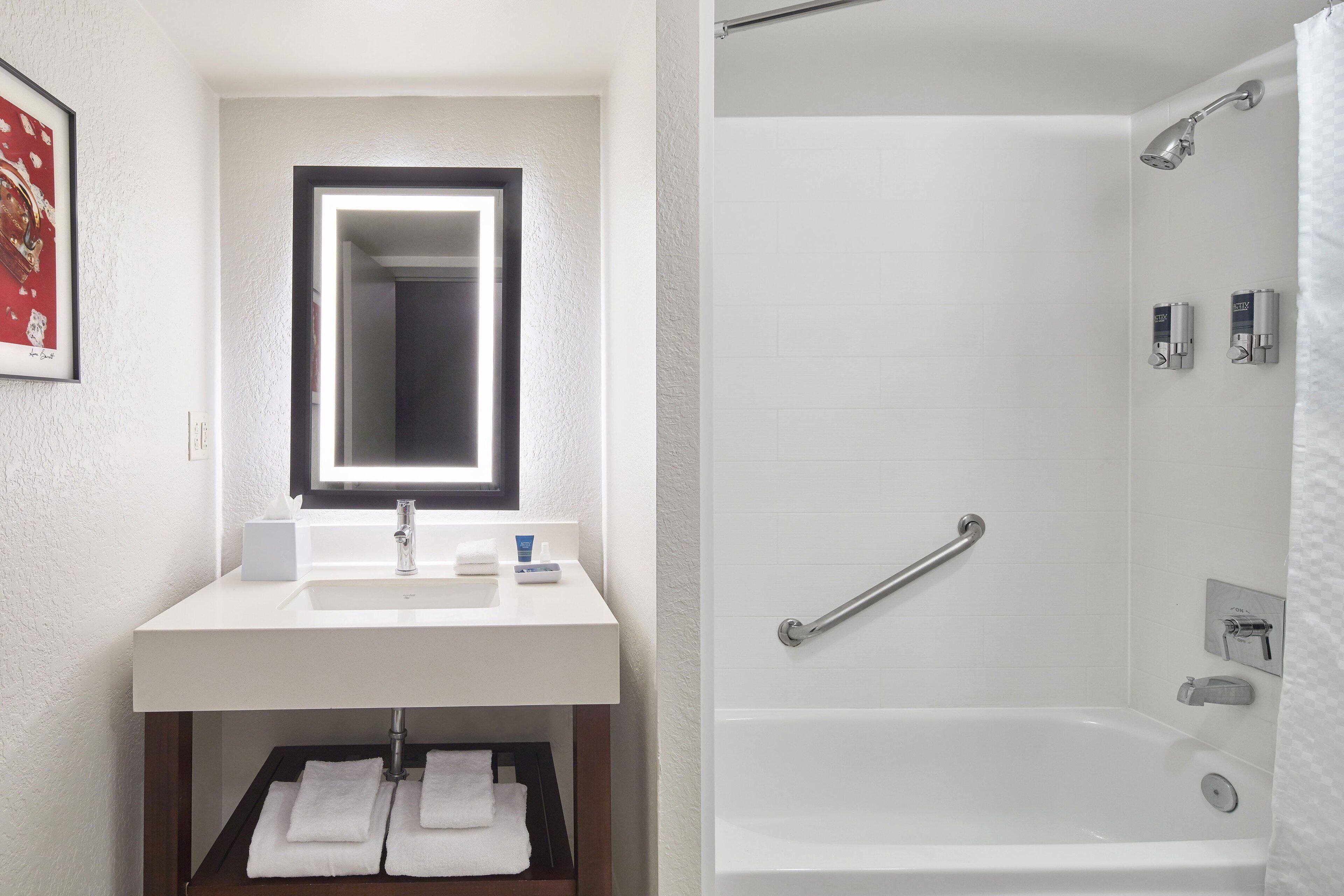 A bathroom with a white sink, mirror, and shower.