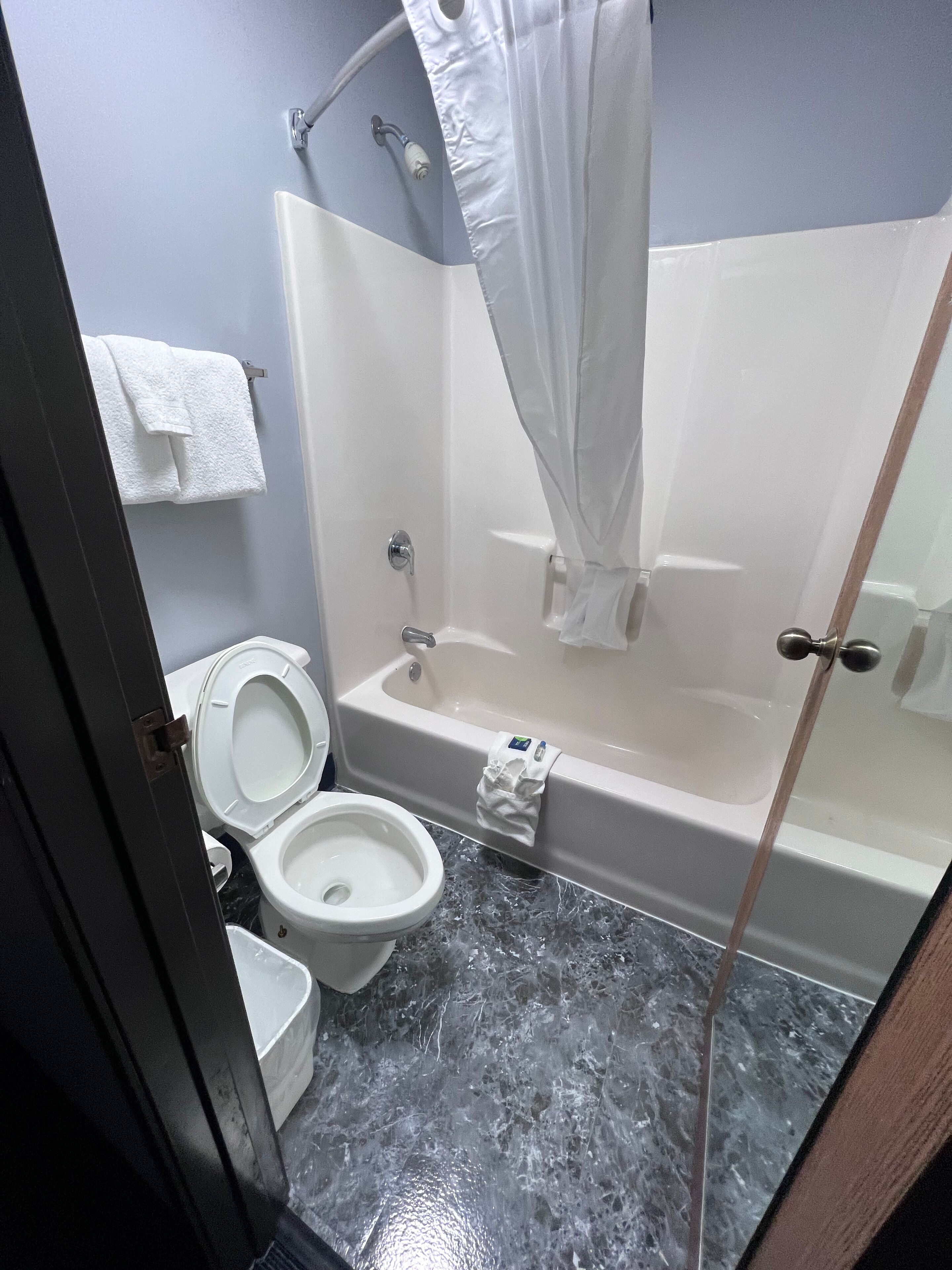 A bathroom with a toilet, a bathtub, and a shower curtain.