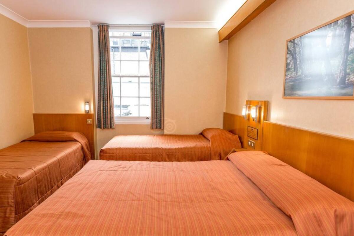 Una habitación de hotel con dos camas individuales, una ventana con cortinas, un cuadro en la pared y una mesita de noche con lámpara.