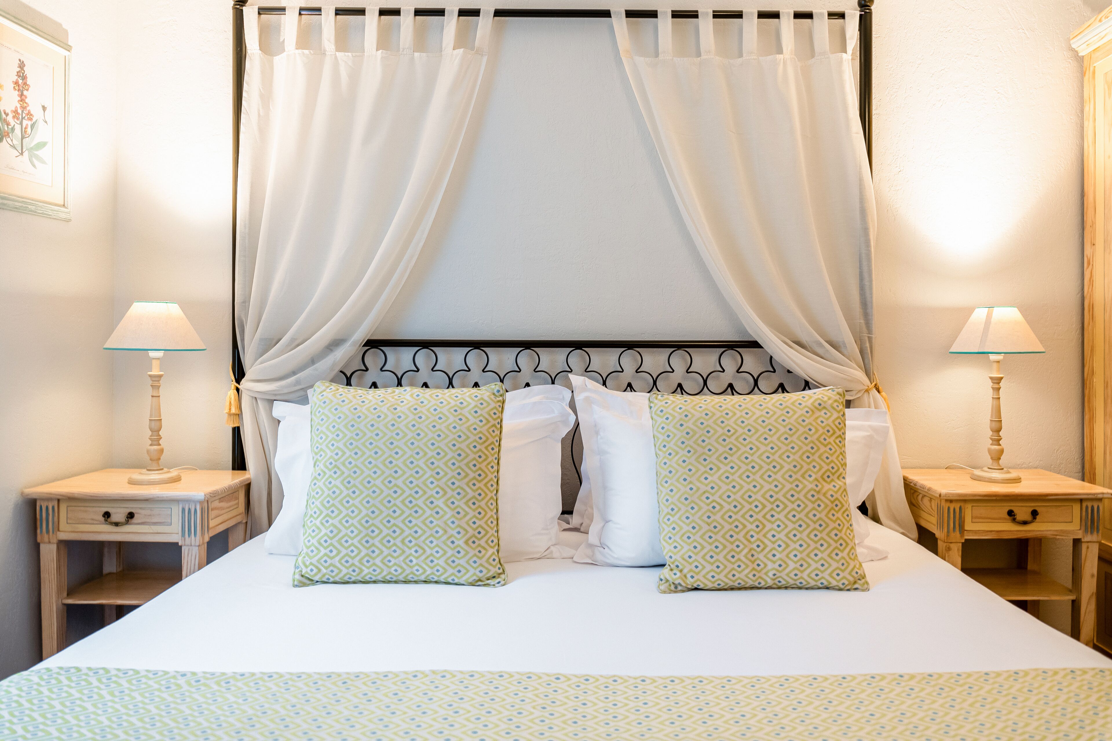 A bed with a canopy, two bedside tables with lamps, and patterned pillows.