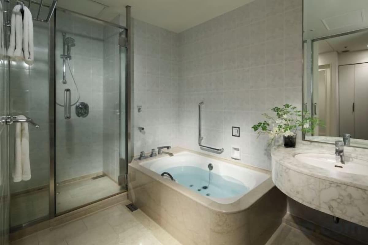 Separate tub and shower, jetted tub, free toiletries, hair dryer