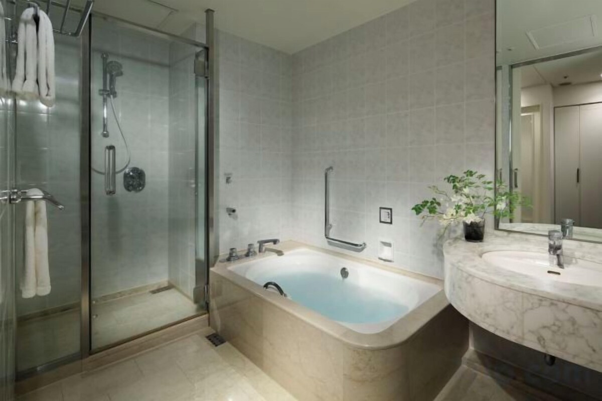 Separate tub and shower, jetted tub, free toiletries, hair dryer