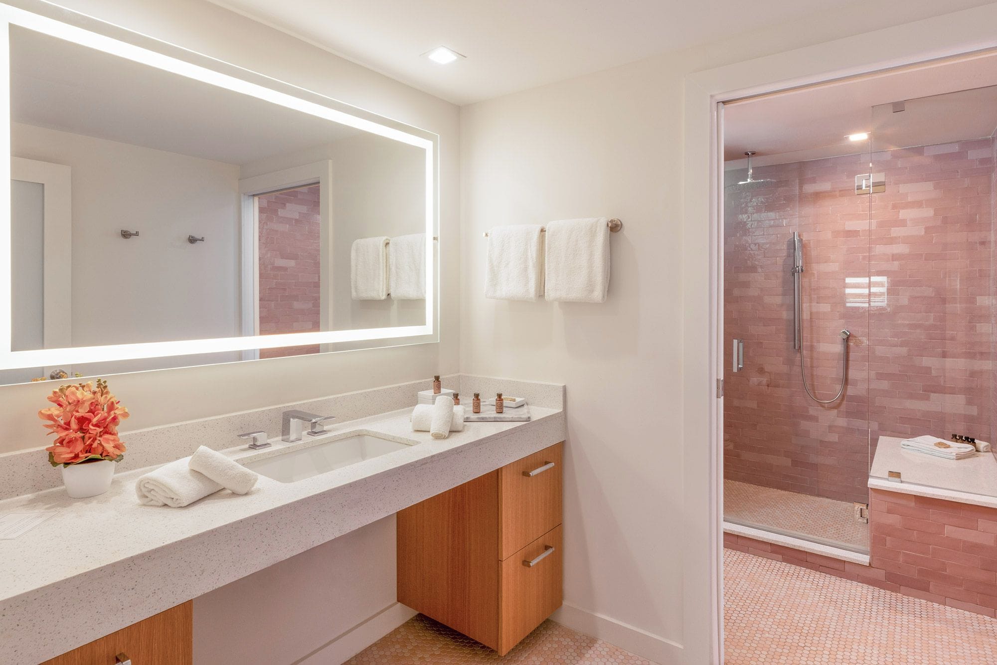 A modern bathroom with a large mirror, two sinks, a shower, and a small plant on the counter.