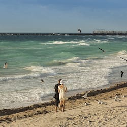 On the beach, white sand, sun loungers, beach towels