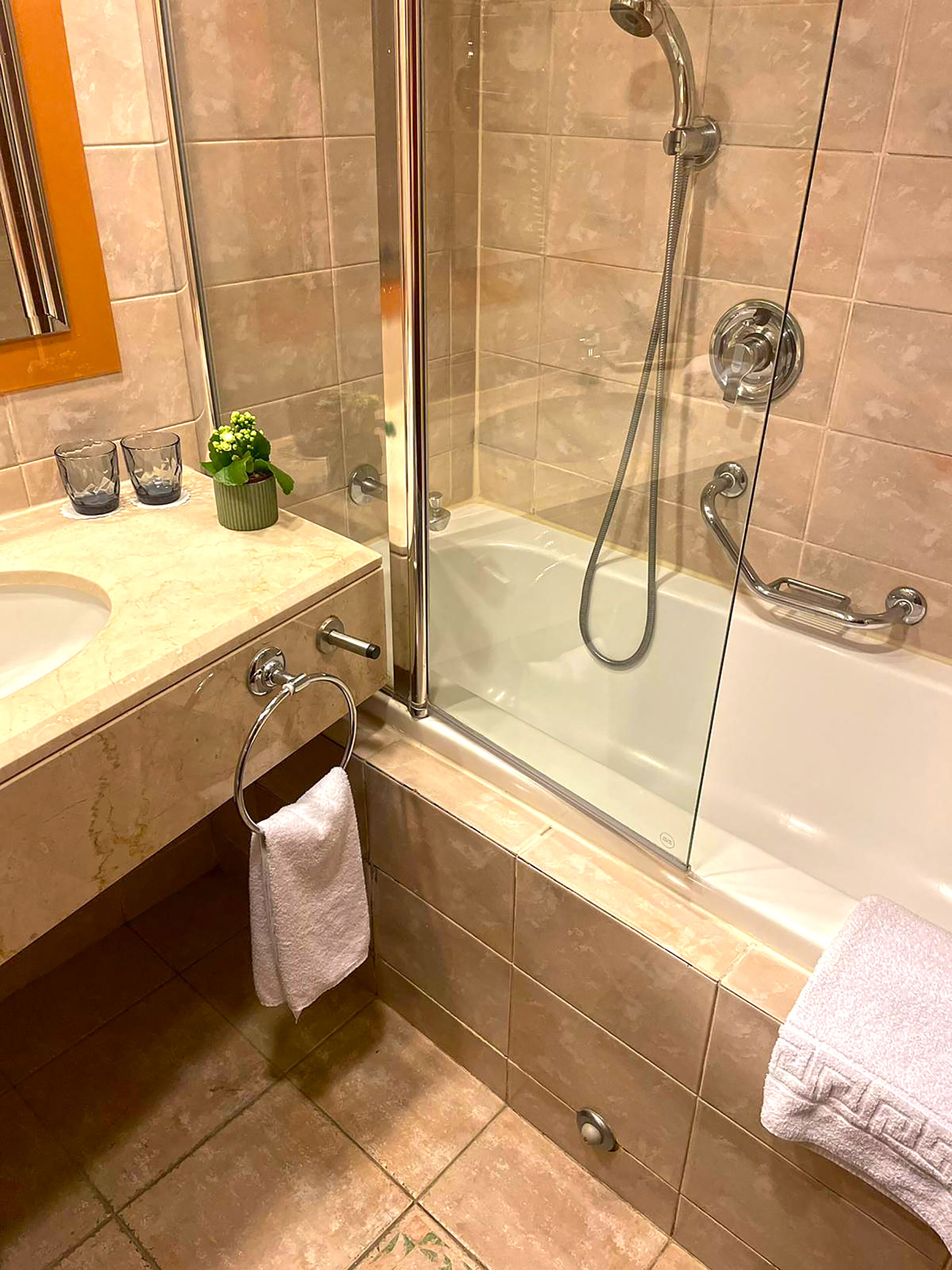 combined shower/bathtub, deep-soaking bathtub, free toiletries, towels