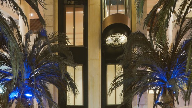 Um lobby com duas palmeiras, um elevador de vidro e piso de mármore.