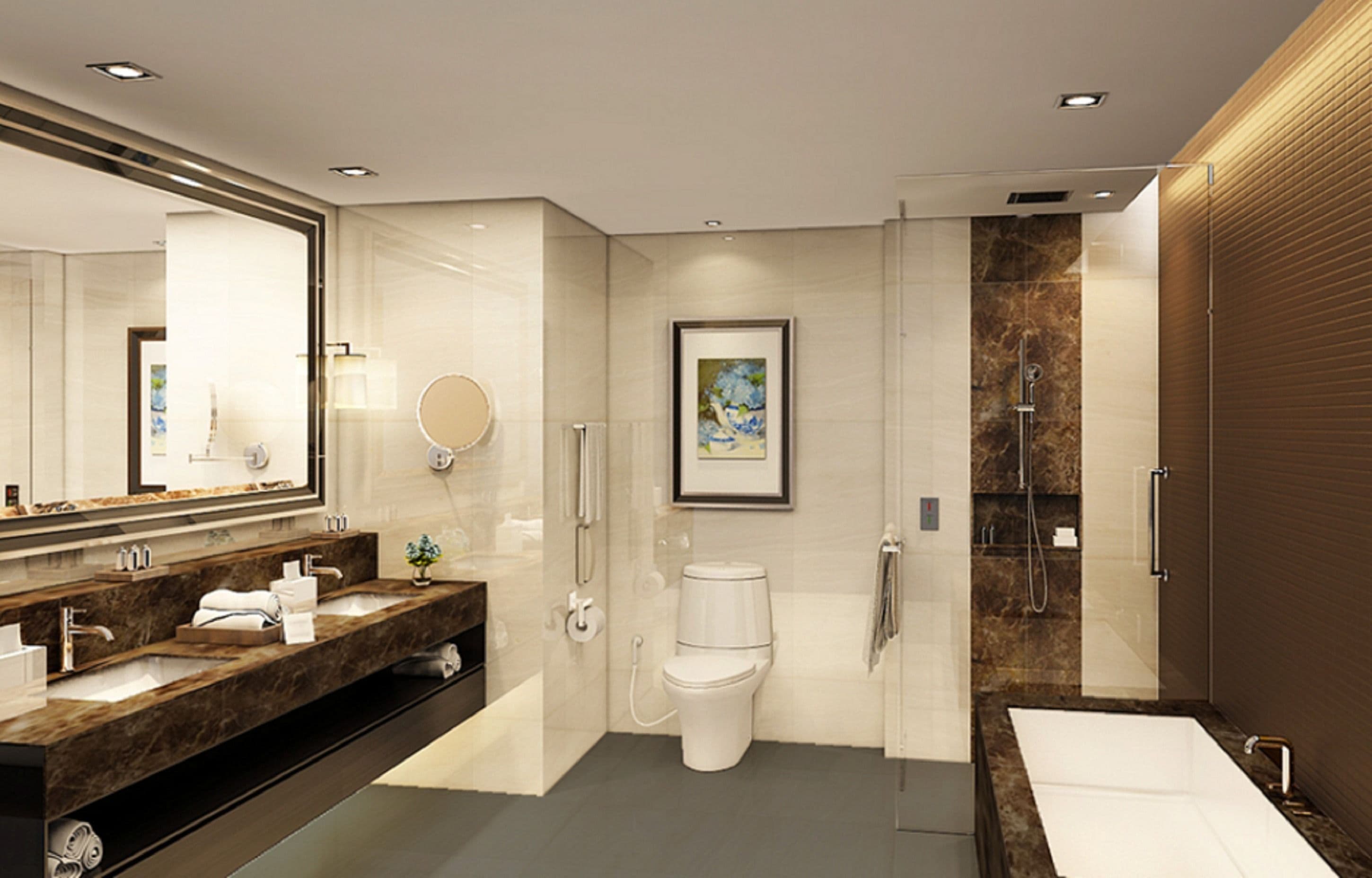 A modern bathroom with a large mirror, dual sinks, a toilet, a shower, and a bathtub.