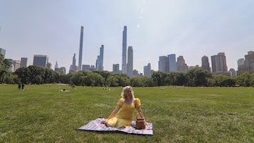 Une personne assise sur une couverture dans un champ d’herbe, avec une vue sur les bâtiments d’une ville en arrière-plan.