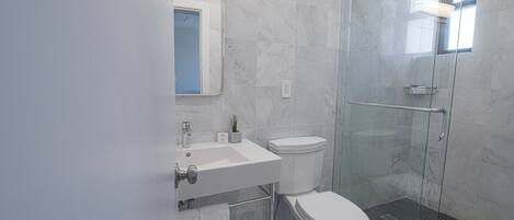 A modern bathroom with a glass-enclosed shower, a white sink, and a toilet.
