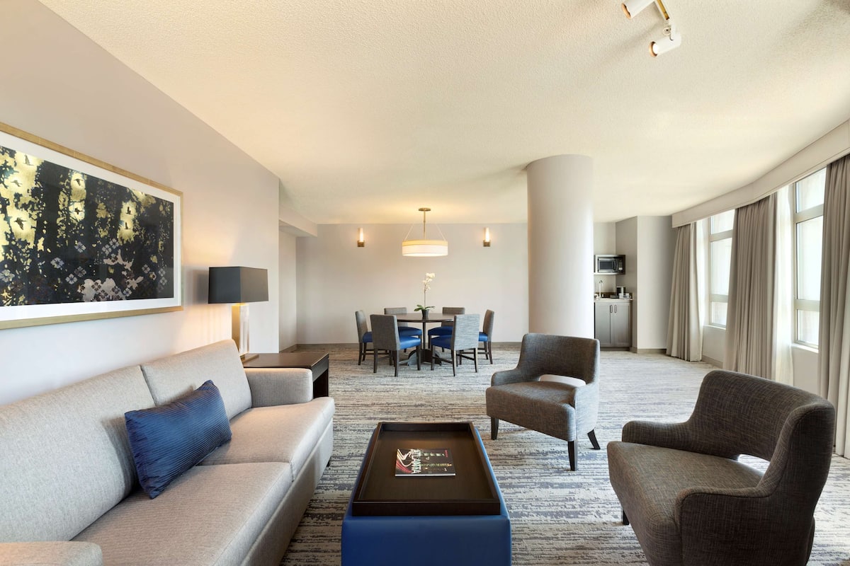 Suite, 1 cama de matrimonio grande | Zona de estar | Televisión de pantalla plana de 49 pulgadas con canales por satélite