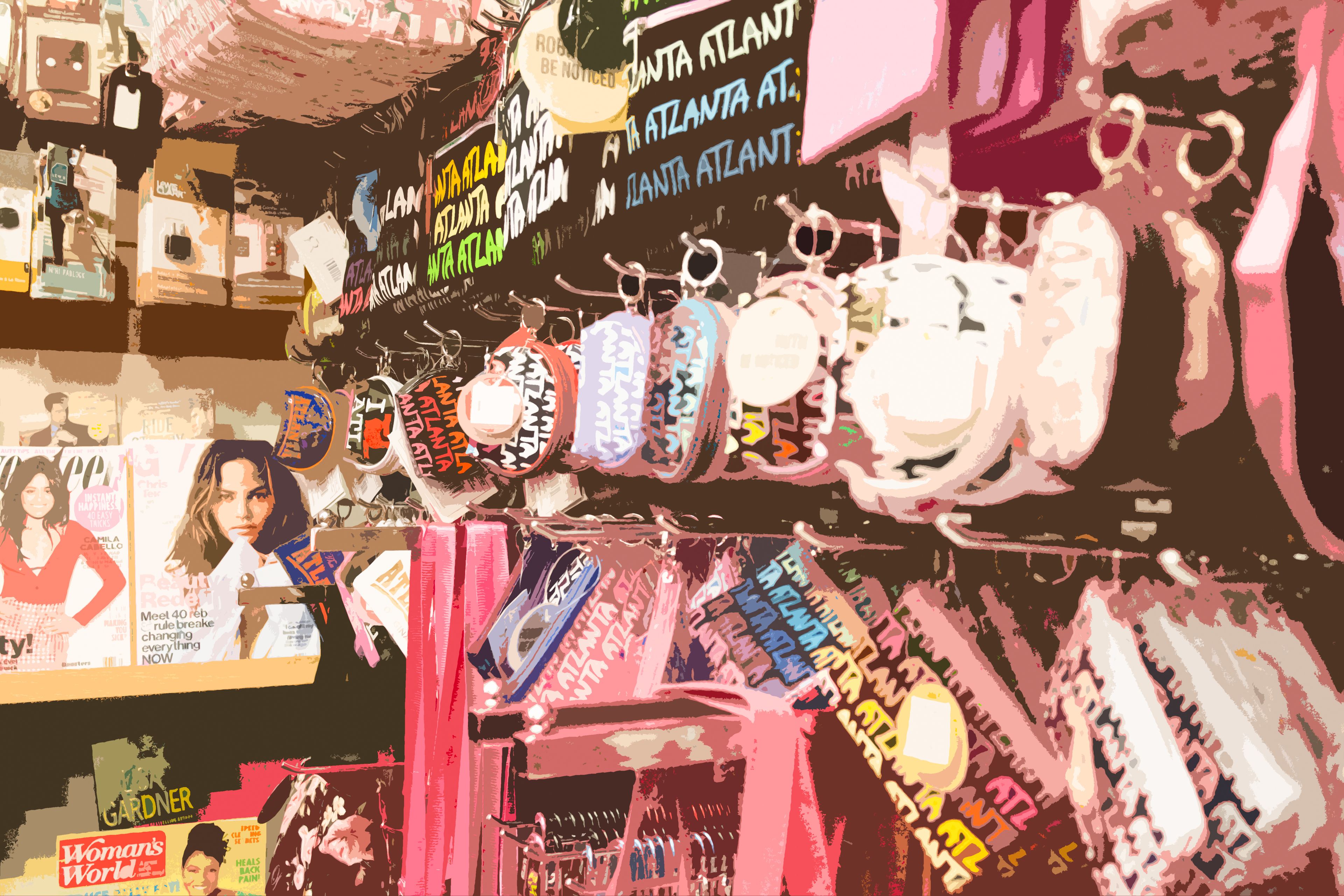 Ein Geschäft mit einer Auswahl an Waren, darunter Taschen und Accessoires.