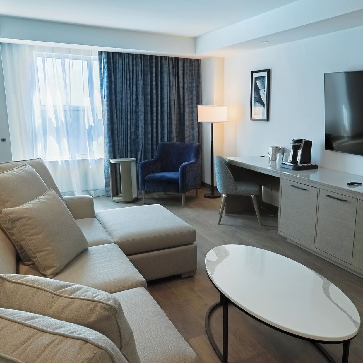 50-inch flat-screen TV with satellite channels, pay films