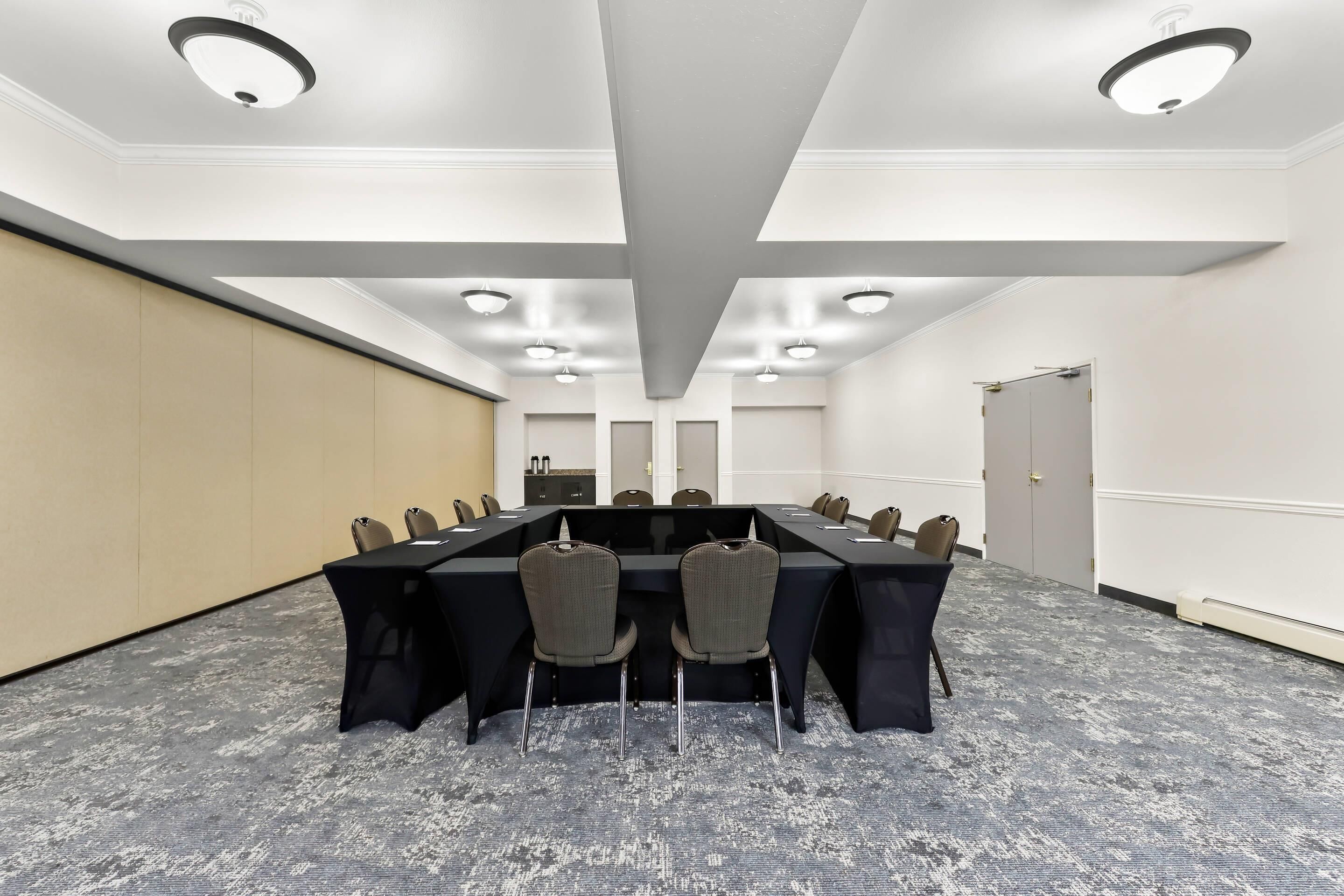 A conference room with a long table, chairs, and ceiling lights.