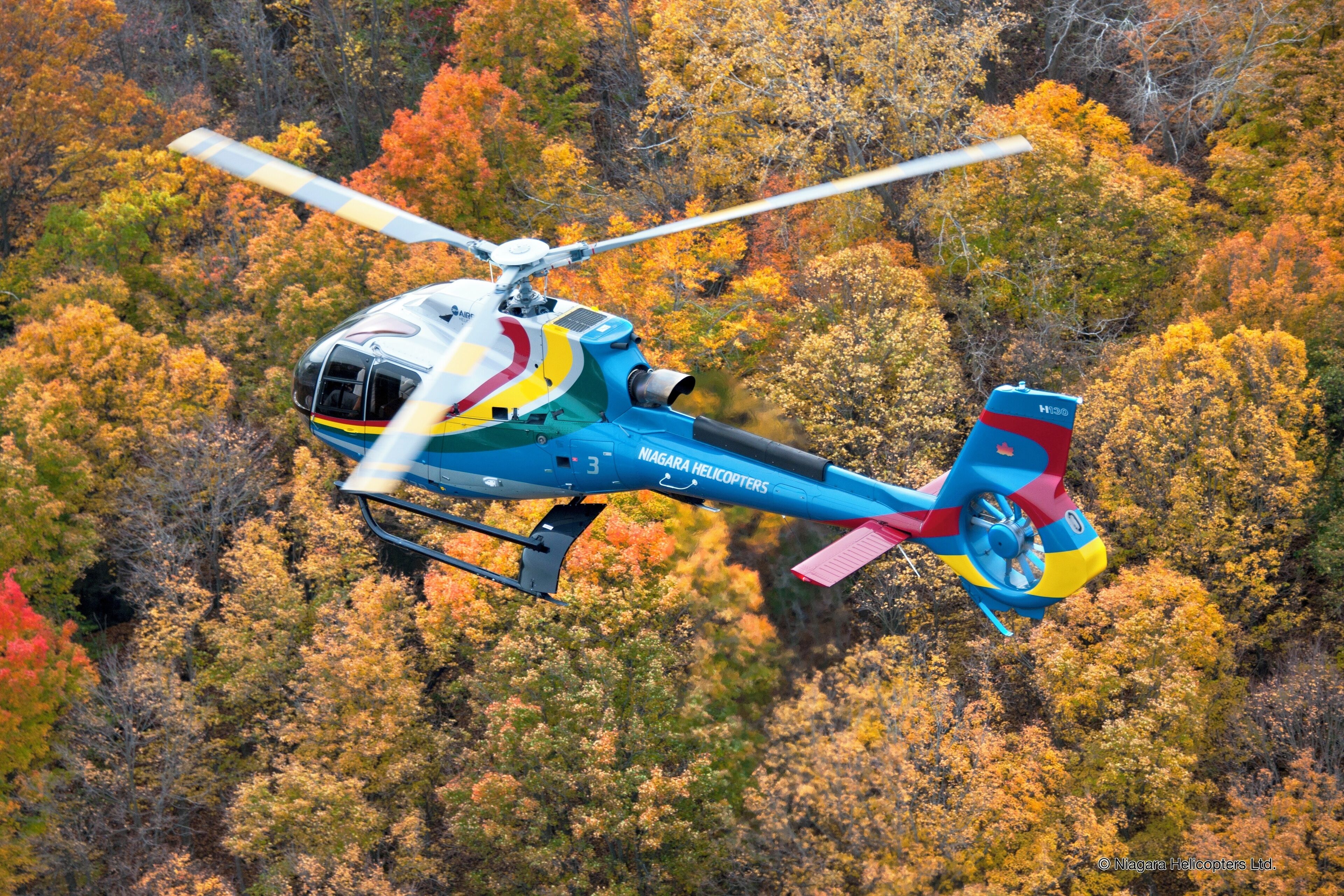 A helicopter with the text "MAGARA HELICOPTERS" flying over a forest with autumn-colored trees.