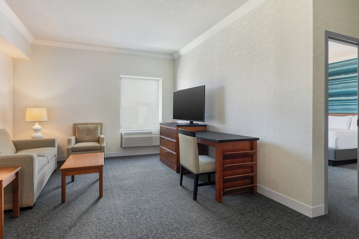 A hotel room with a sofa, a desk, a television, and a window.