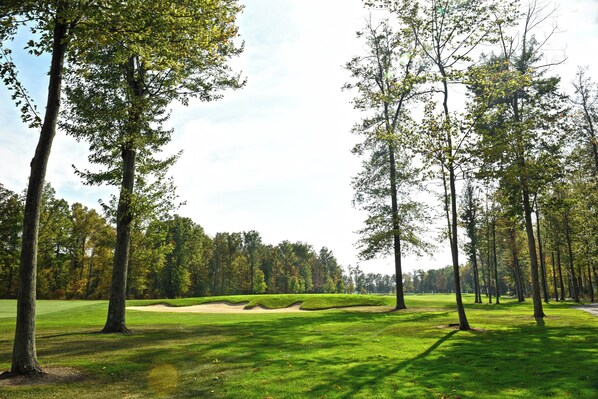 A golf course with trees, sand bunkers, and a clear sky. - Niagara Fallsview Hotel (Niagara Falls)