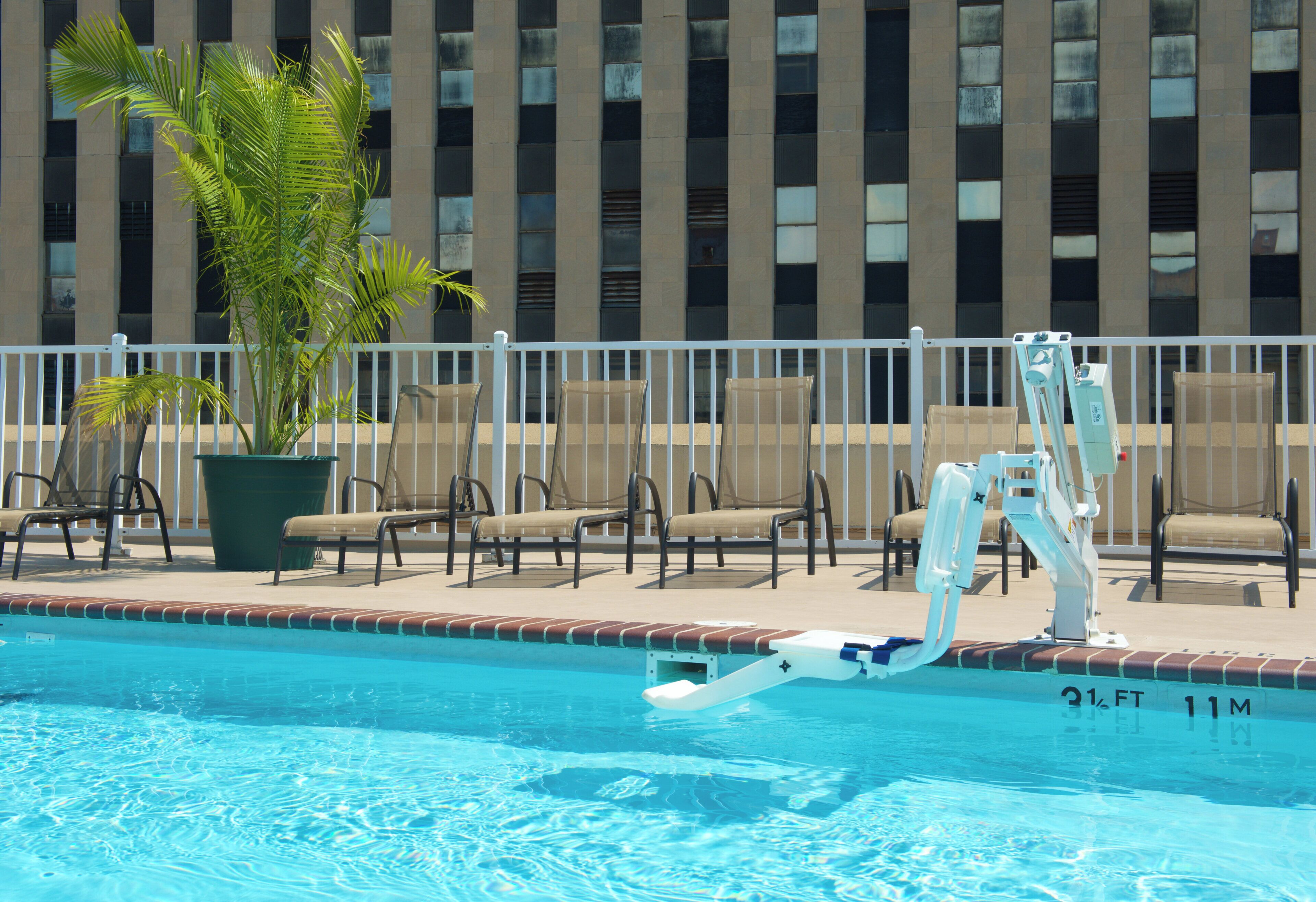 A swimming pool with a lifeguard stand, lounge chairs, and a palm tree.