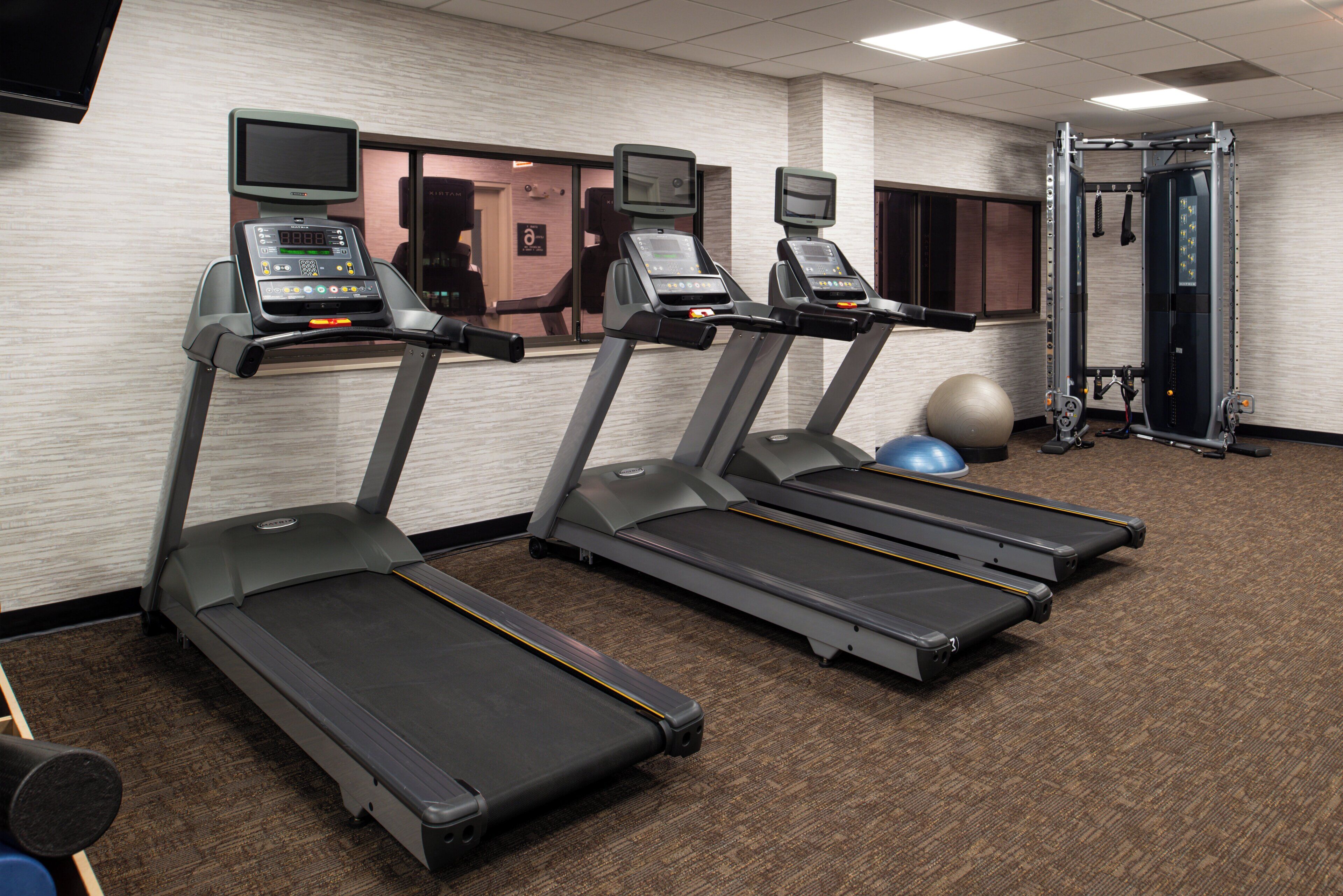 A fitness room with treadmills, exercise balls, and a weight machine.