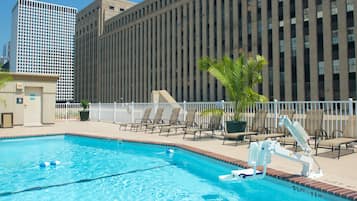 Seasonal outdoor pool, open 8:00 AM to 10:00 PM, sun loungers