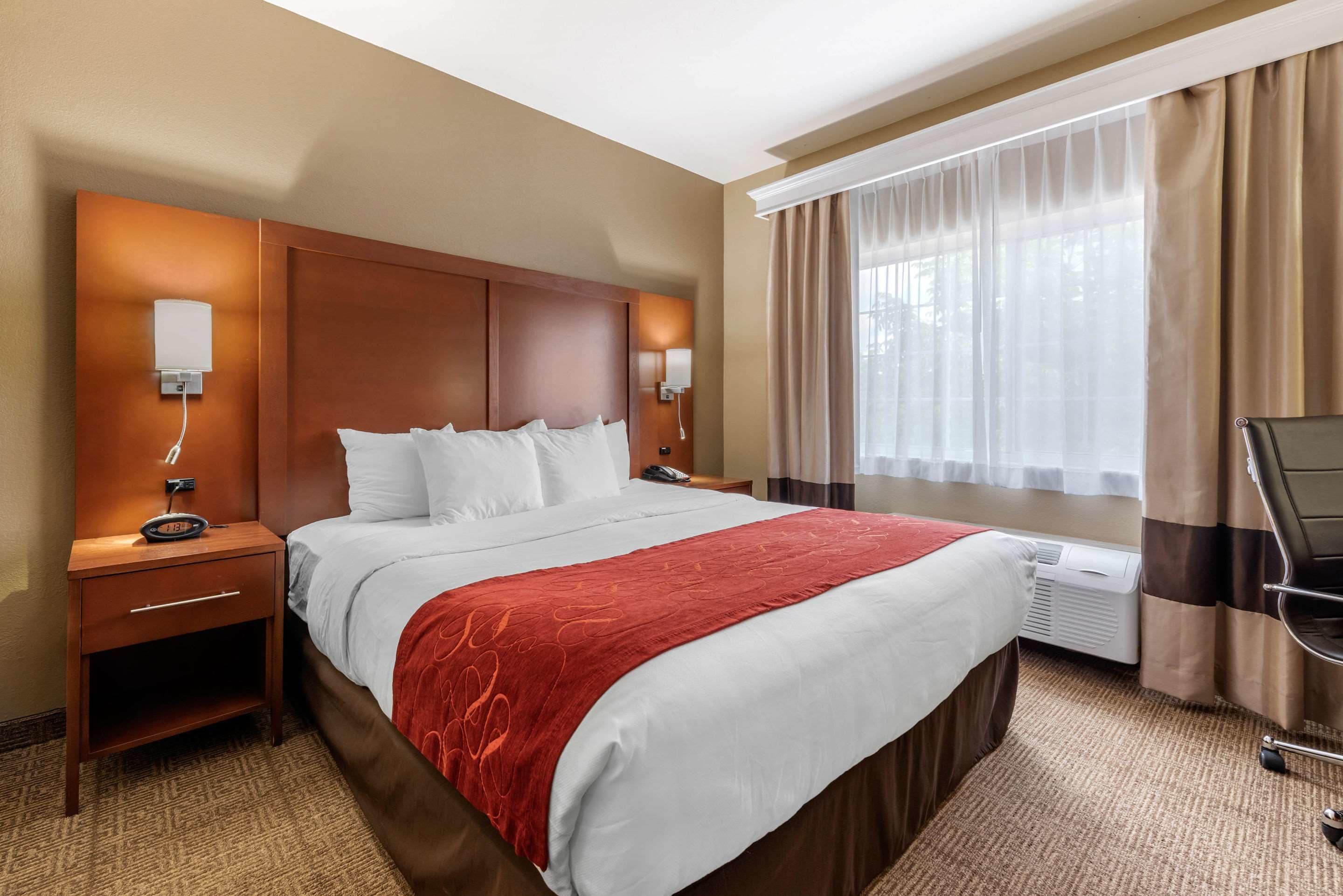 A hotel room with a large bed, a nightstand with a phone, a desk lamp, and a window with curtains.