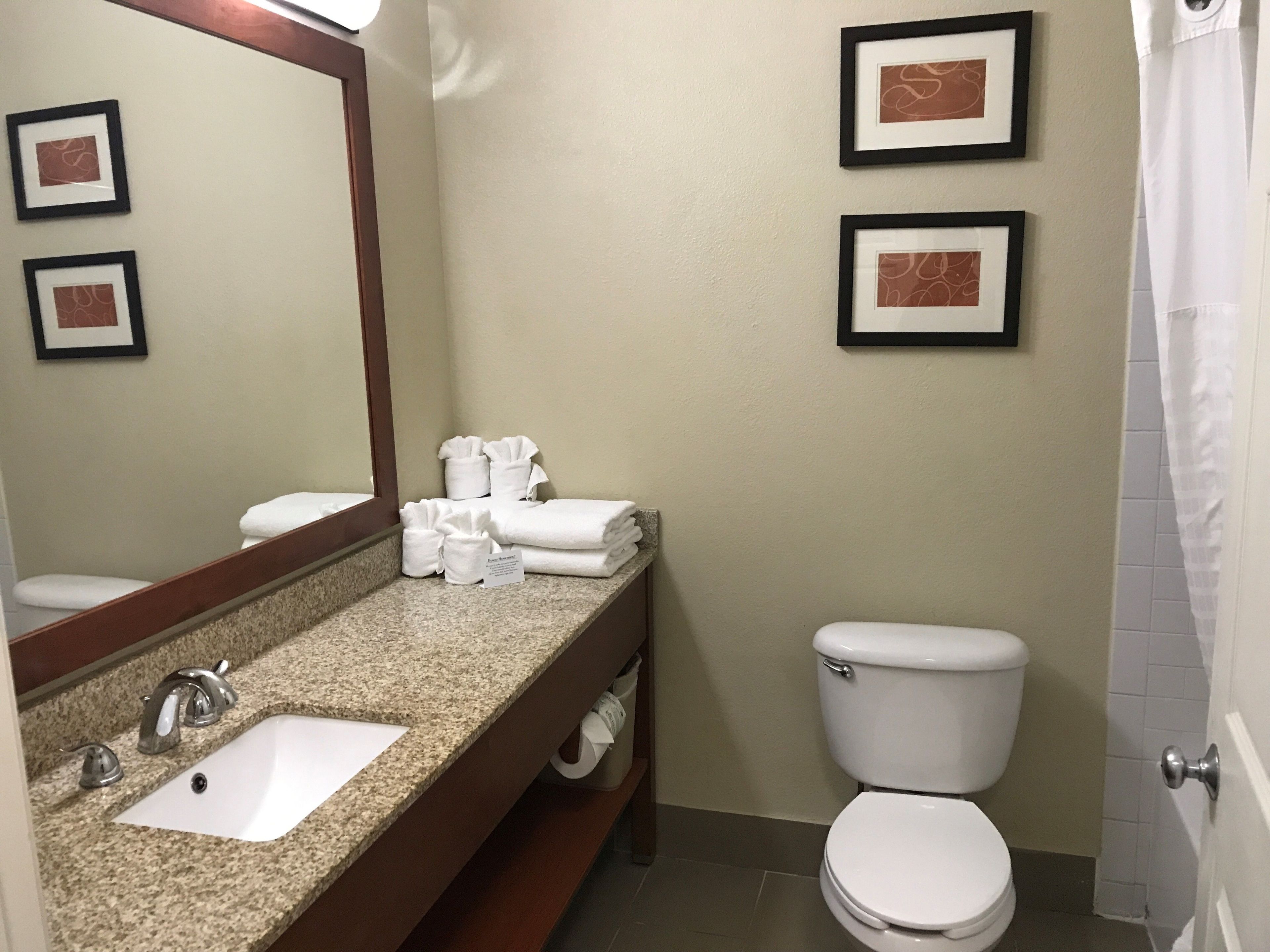 A bathroom with a granite countertop sink, a mirror, a toilet, and framed artwork on the wall.