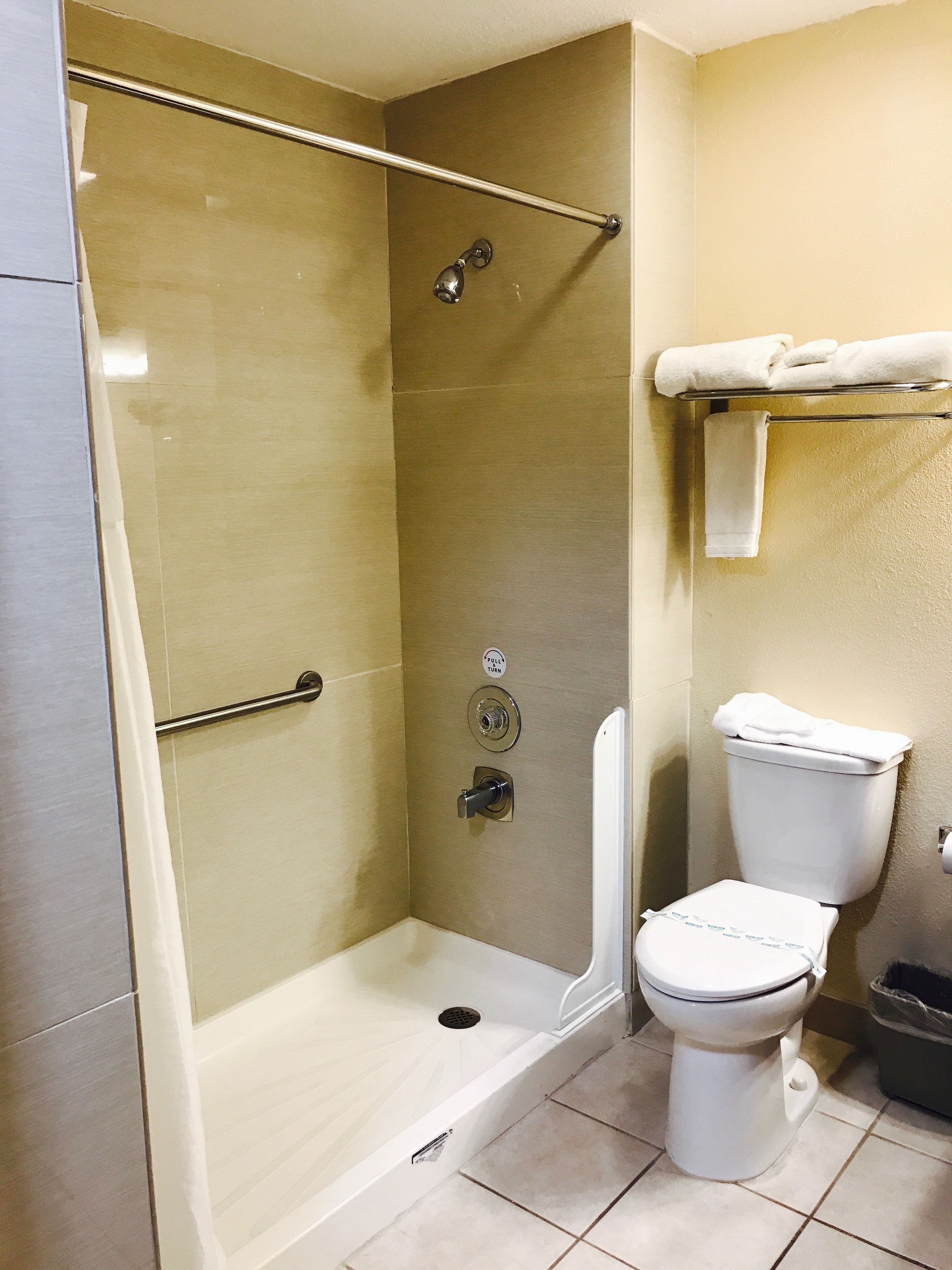 combined shower/bathtub, free toiletries, hair dryer, towels