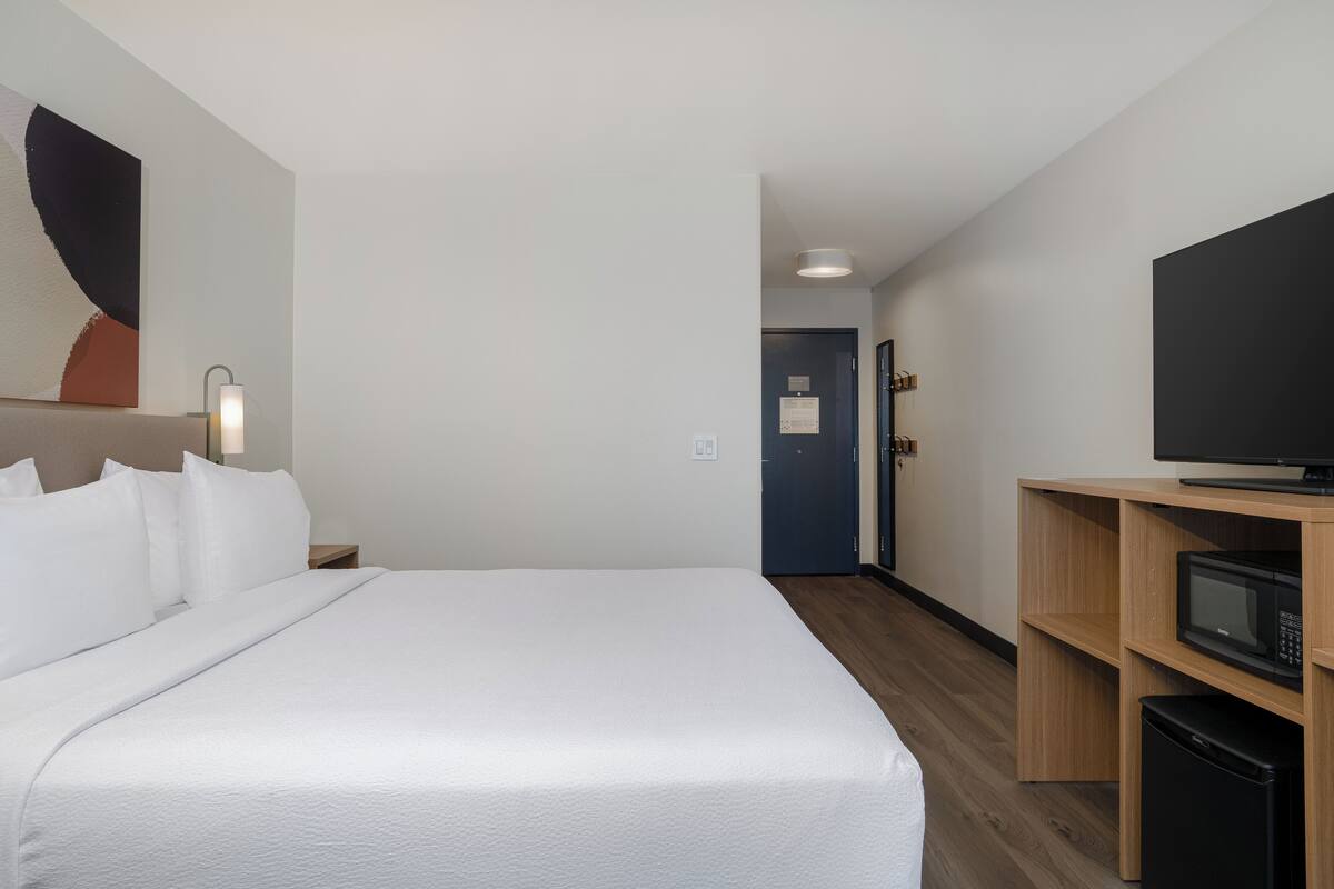 A hotel room with a large bed, a television on a wooden shelf, and a microwave.