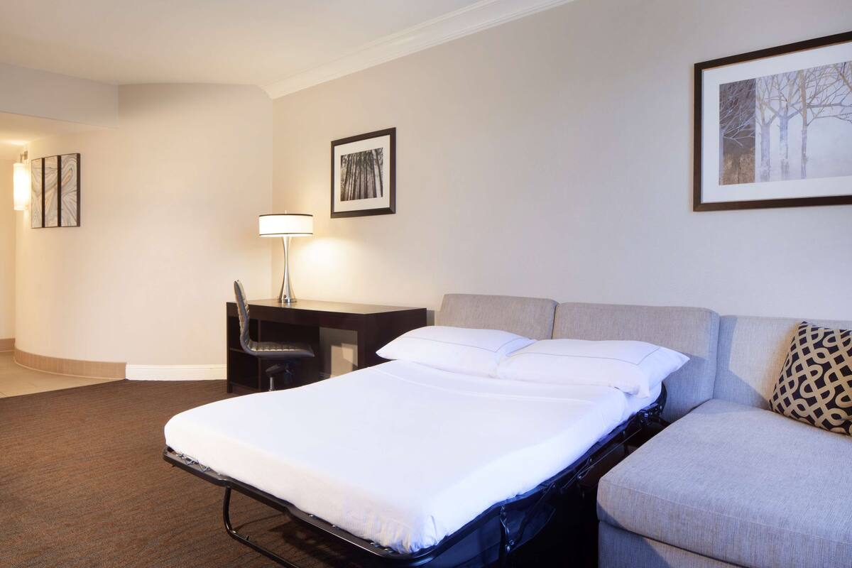 Ein Hotelzimmer mit einem Bett, einem Schreibtisch mit Stuhl, einer Lampe und einem Sofa.
