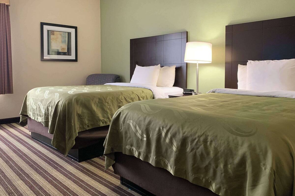 A hotel room with two beds, a nightstand, a lamp, and a framed picture on the wall.