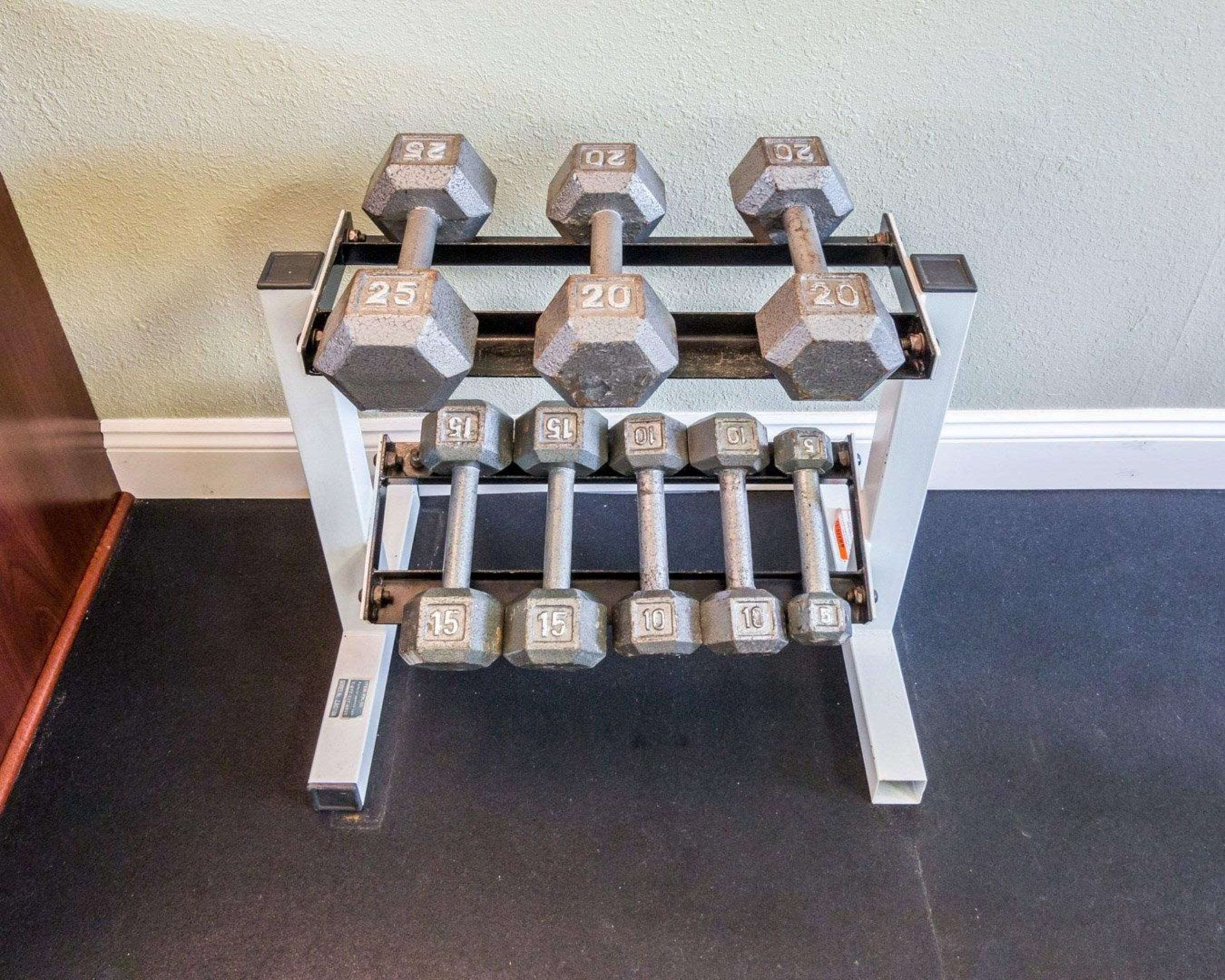 A set of adjustable dumbbells on a rack.
