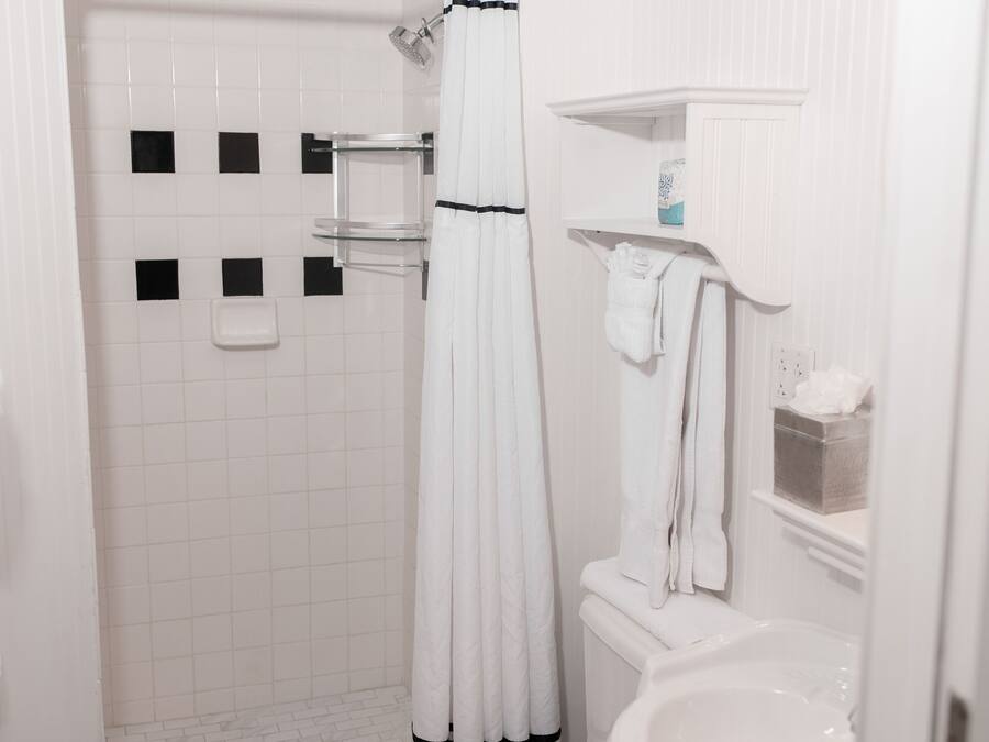 A bathroom with a white toilet, a sink, and a shower.