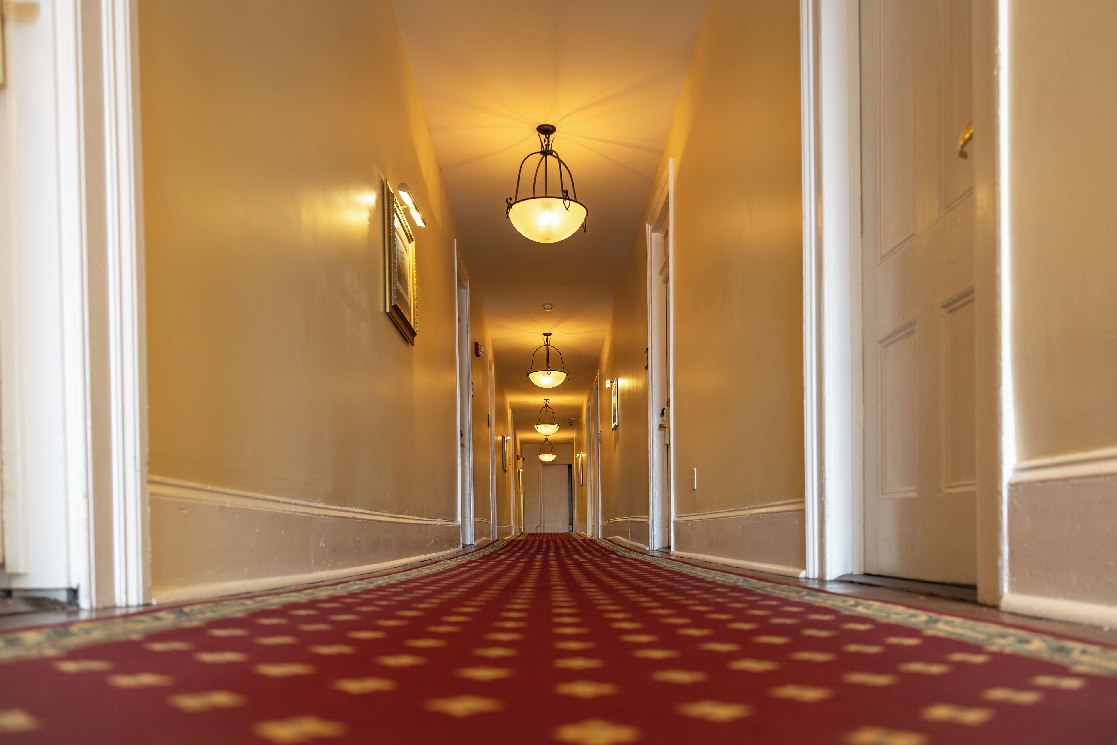 A hotel hallway with a red carpet, white walls, and multiple doors.