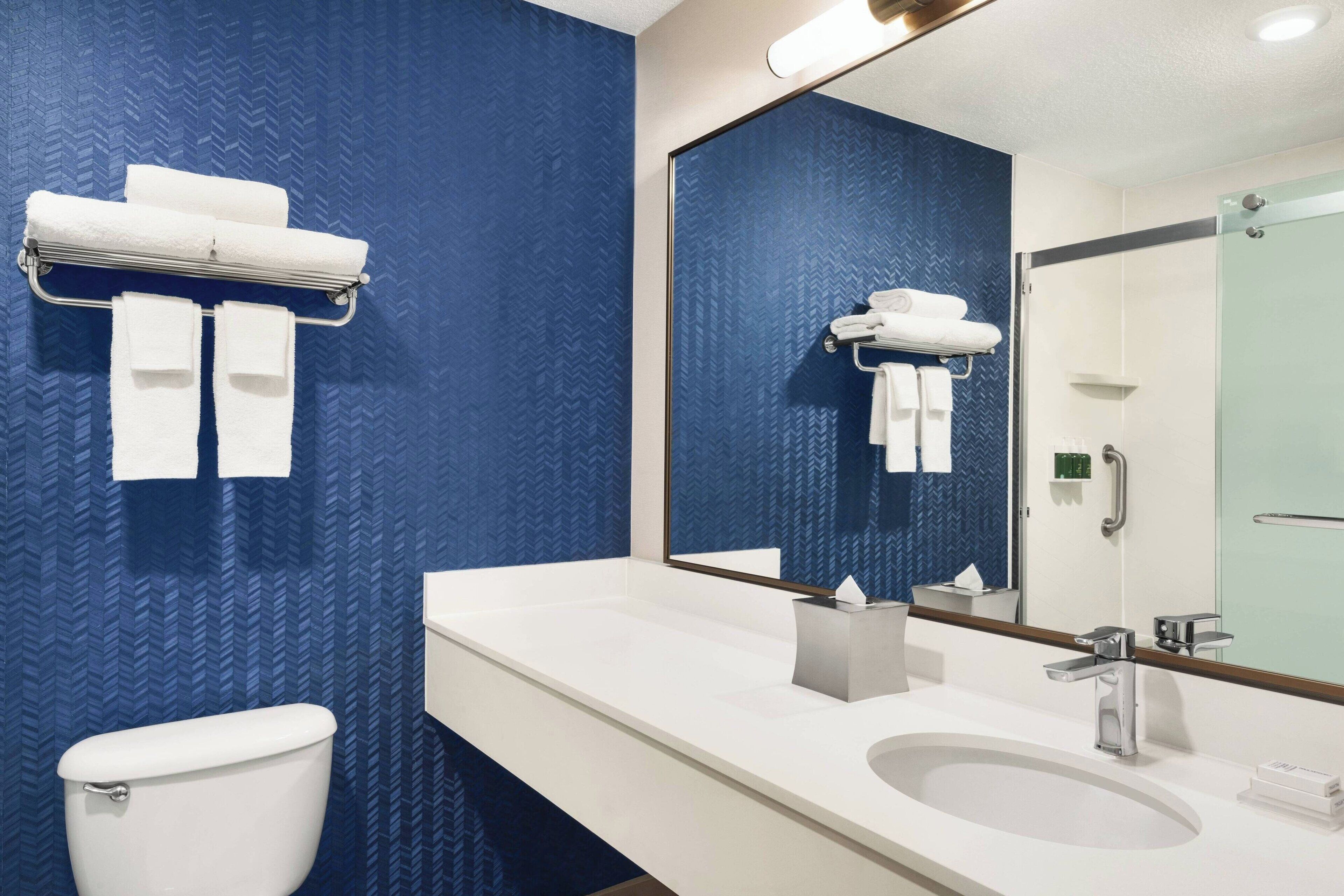 combined shower/bathtub, free toiletries, hair dryer, towels