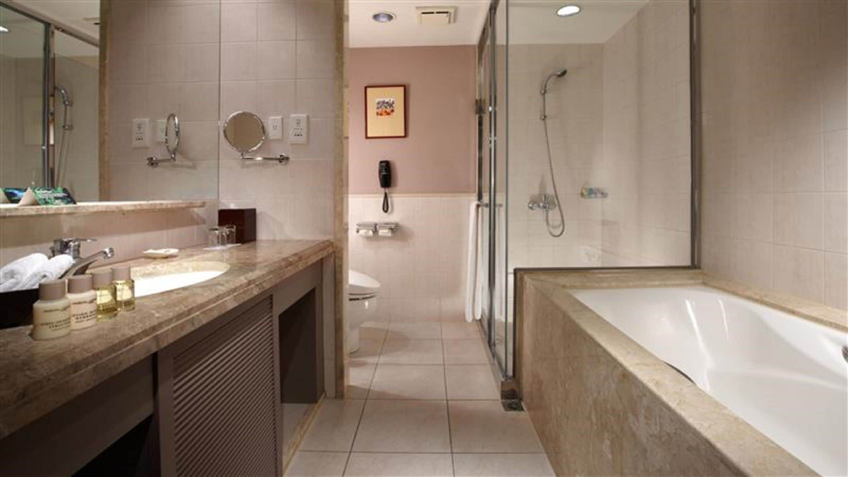 superior room | bathroom | separate bathtub and shower, rainfall showerhead